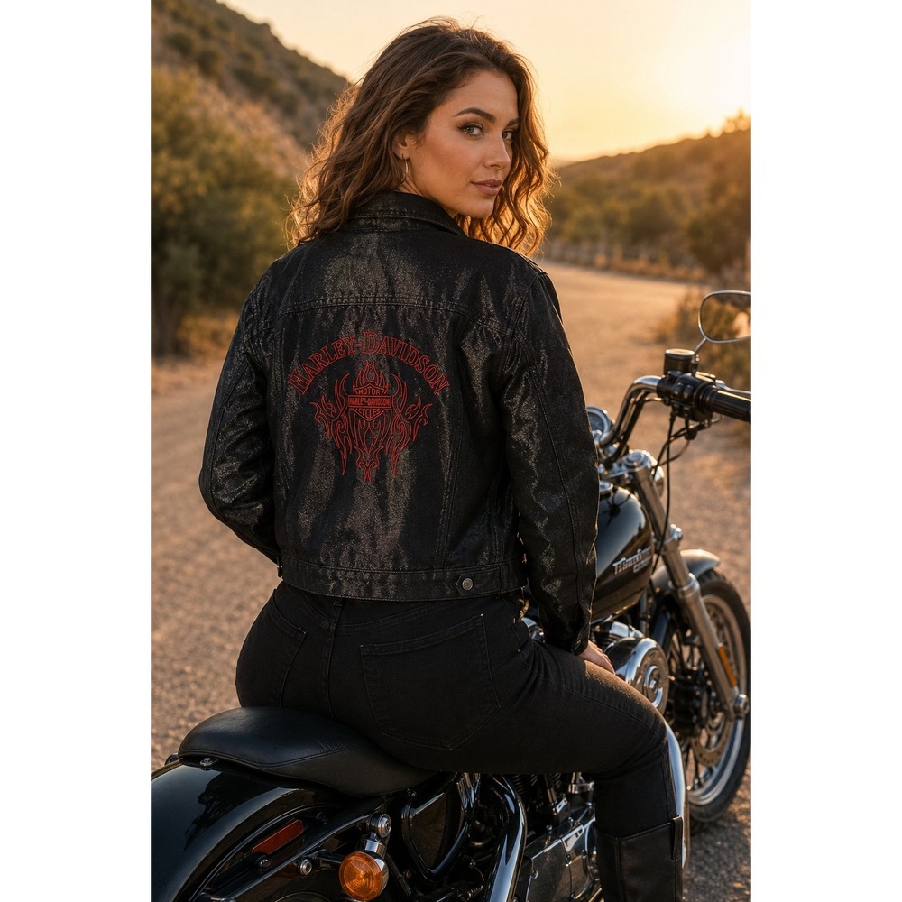 Harley Davidson Womens Black Metallic Shimmer Denim Jacket Size L Graphic Back